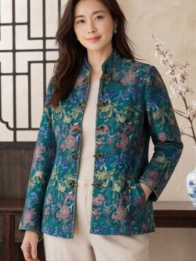 HeiMuDan Vintage Chinese Brocade Jacket Teal Floral Frog Closure Women L/XL